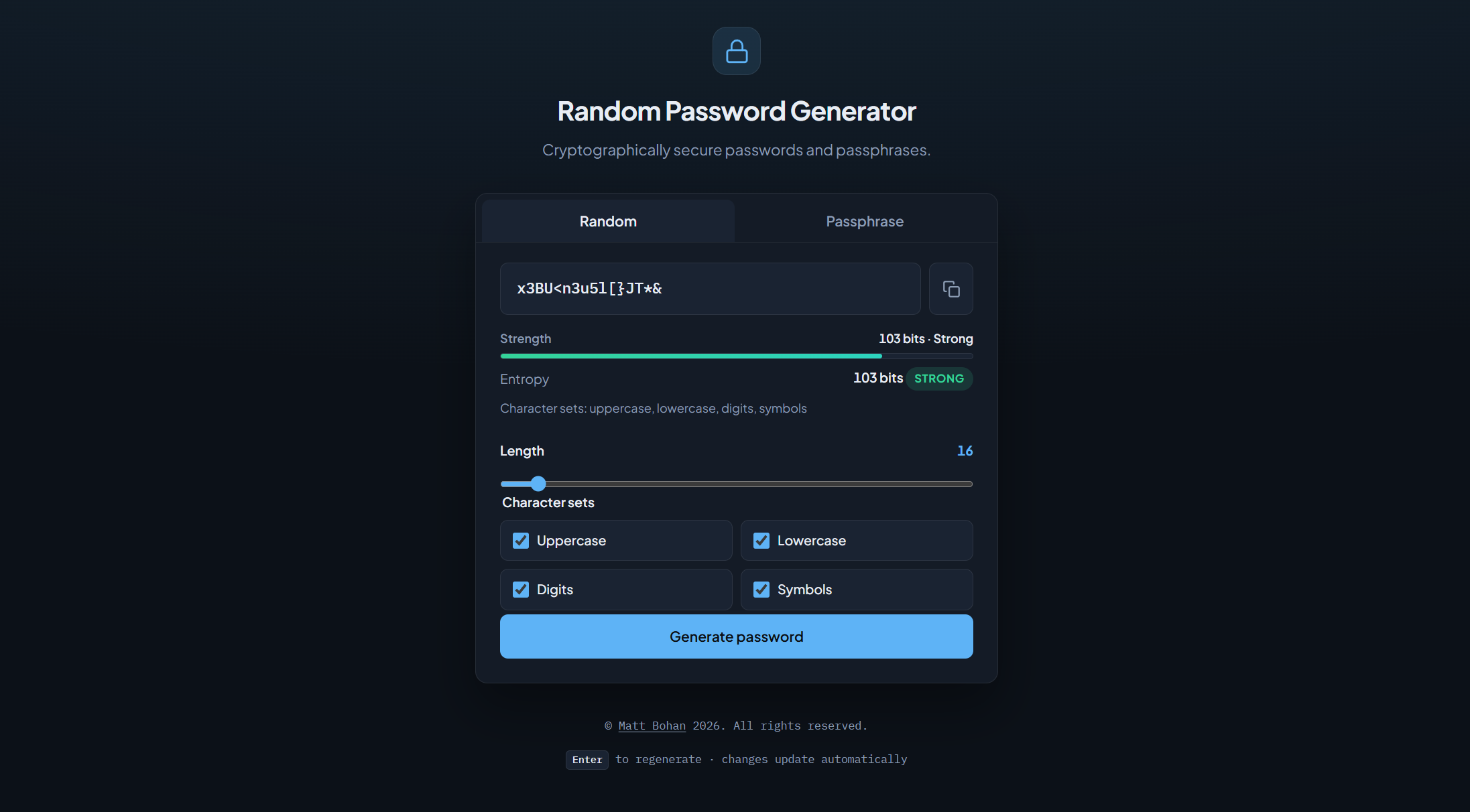 Random password generator screenshot